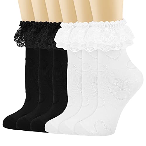 Bivolu Womens Crew Socks Lace Ruffle Frilly Cotton Cute Princess Dress Socks White Black Two Layers Lace Ankle Socks For Women Girls 6 Pack Size 5-9 #TOP6
