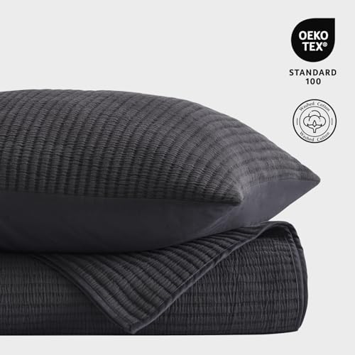 Image of EVERGRACEHOME Cotton Coverlet Set King Size 3 Pieces, Lightweight Soft Ribbed Matelasse Bedspread Quilt Set, Cozy Oversized Quilted Bedding Set with 2 Pillow Shams for All Seasons, Washed Black