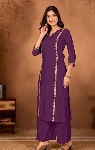 Image of Women Straight-Cut Kurta Pant Set with Subtle Golden Lace Embellishment | Elegant Ethnic Wear for Festive, Office & Casual Use