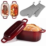 NutriChef Gusseisen Topf - Brotbacktopf - mit Deckel - 25,4 cm ovaler Brottopf mit Silikonhandschuhen - zum Backen Braten Schmoren und mehr - Spülmaschinenfest, Rot