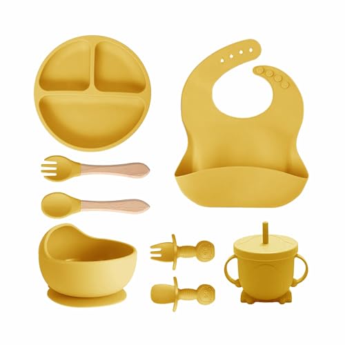 Image of Kids Station 8-Piece Silicone Baby Feeding Set | Suction Bowl, Plate, Bib, Cup, Spoon & Fork | 100% Food Grade BPA-Free Silicone | Non-Slip, Easy to Clean (Pack of 8, Yellow)