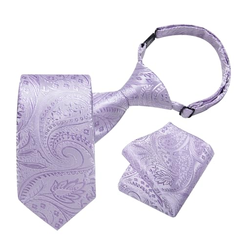 DiBanGu Boys Pre-tied Neckties and Pocket Square Set Adjustable Strap Tie for Kids Wedding Party Graduation School Uniforms, Lilac