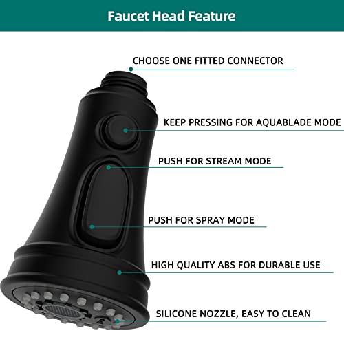 Pull Down Kitchen Faucet Sprayer Head 3 Function Kitchen Faucet Head Replacement With 9 Adapter Kit, Pull Out Kitchen Sink Sprayer Nozzle Head Kitchen Tap Spout, Matte Black #TOP3