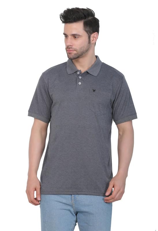 Men's Poly Viscose Polo Plain Tshirt (Charcoal Melange, Size: L)-PID43037-image-7