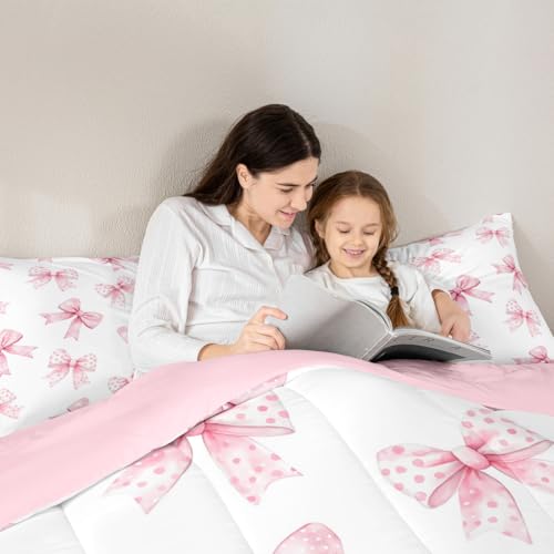 Image of Erosebridal Pink Bow Kids Bedding | Coquette Bowknot Queen Comforter Sets,Princess Girls Ribbon Bowtie Comforter Watercolor Cute Duvet Insert with 2 Pillow Cases