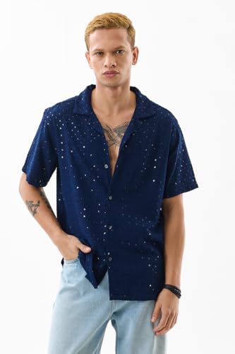 Image of SNITCH Men Casual Shirt | Regular Fit Half Sleeve Cuban Collar Textured Pattern with Embellished Sequins | 100% Viscose & Breathable Fabric for Everyday Wear