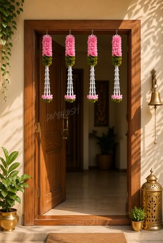 Image of Divyakosh Hanging Gajra Set of 4 | Small 15 Inch Pink-Green Fabric Floral Wall Hangings | Temple & Pooja Room Decoration Items | Backdrop Decor for Festivals & Diwali