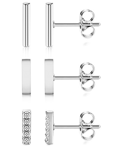 ORAZIO 3 Pairs 20G Stainless Steel Mini Bar Earring Line Ear Studs Stick Stud Earrings For Women and Men Silver-tone