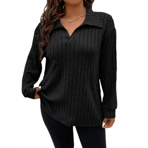 T-shirt col en V pour femme en tricot côtelé confortable pour le printemps