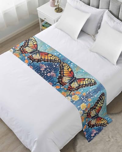 DecorLovee Butterfly Flower Blue Bed Runners for Cal King Size Bed, Decorative Bed Throws for Foot of Bed, Spring Summer Oil Painting Floral Bed Runner Sofa Throw Bedding Scarf Protector for Bedroom