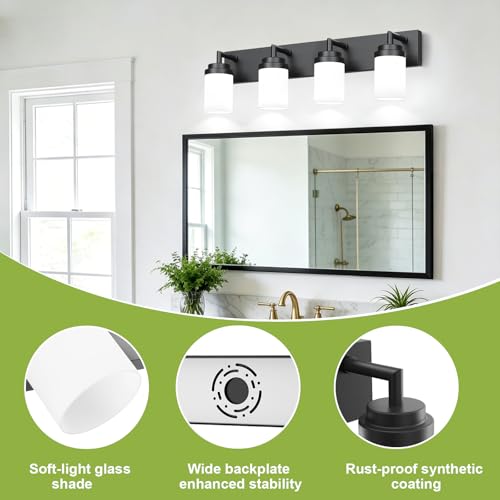Image of Bathroom Light Fixtures, Matte Black Bathroom Lighting Fixtures Over Mirror, Modern Vanity Light with White Glass Shade, Restroom Lighting Fixtures, 4-Light 30-inch