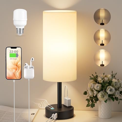 Kakanuo Nachttischlampe Touch Dimmbar, Tischlampe mit USB A+C+Steckdose Ladefunktion, Lampenschirm aus Leinenstoff, Lampe für Nachttisch Wohnzimmer Schlafzimmer Kinderzimmer Büro(Inklusive Birne) Kakanuo Nachttischlampe Touch Dimmbar, Tischlampe mit USB A+C+Steckdose Ladefunktion, Lampenschirm aus Leinenstoff, Lampe für Nachttisch Wohnzimmer Schlafzimmer Kinderzimmer Büro(Inklusive Birne)