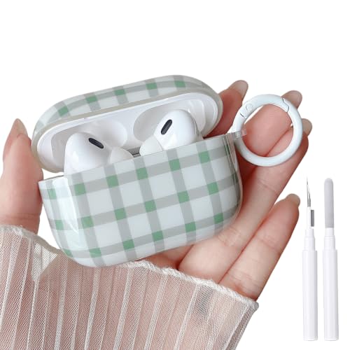 Image of MINSCOSE for AirPods Pro 2nd /1st Generation Clear Case,Cute Plaid Retro Aesthetic Design with Girly Keychain Lock,Soft TPU Protective Shockproof Case with Cleaner Kit for Airpods Pro /Pro 2-Green