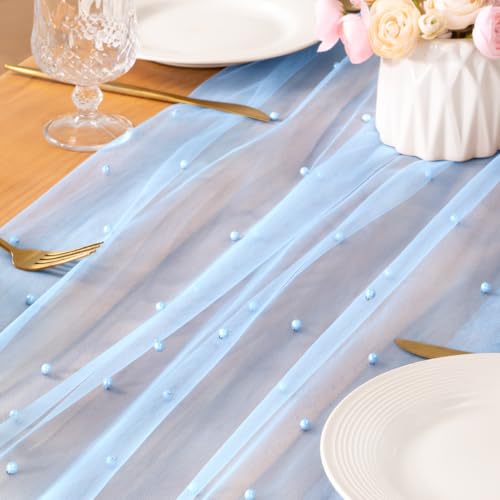 Image of MLMC 3Pcs Light Blue Pearl Table Runner Boho Rustic Tulle Table Runner with Pearls 10ft 29 inchx120 inch Cheesecloth Table Decor for Wedding Baby Shower Anniversary Home Decoration