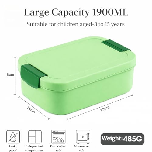 Image of YELONA Lunch Box for Office & Kids 1900ML | Double Layer Leakproof Bento Box with 5 Compartments | Microwave Safe, Built-in Spoon & Fork, BPA Free Tiffin Box - Green