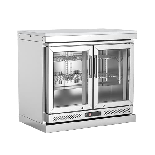 Image of Stainless Steel Outdoor Refrigerator Cabinet, 115L Built-In Double Door Refrigerator with Brushed SS Frame, 0-10C Adjustable Temp with LED Light, for Modular BBQ Grill Island