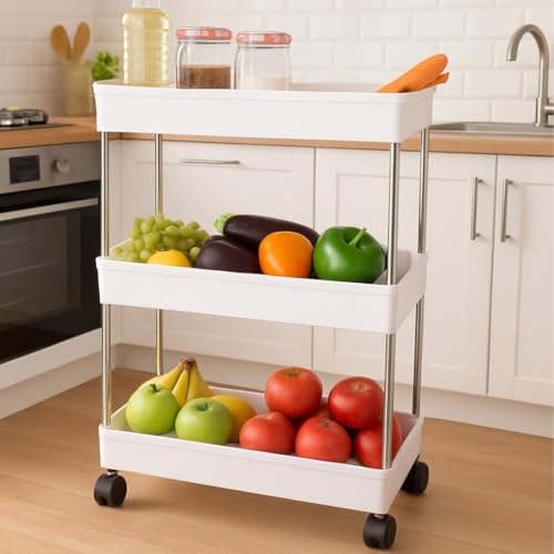 Image of Multipurpose 3-Tier Storage Shelf, Storage Rack with Wheels, Storage Organizer Cart for Kitchen, Pantry Closet, Bedroom, Bathroom(3 Layer, White)
