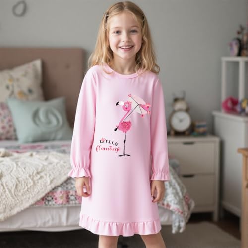 Tkria Girls Nightgowns Toddler Nightdress Soft Cotton Sleepwear 2-10 Years Kids Long Sleeve Nightie Pajamas Ruffle Pink Dress4