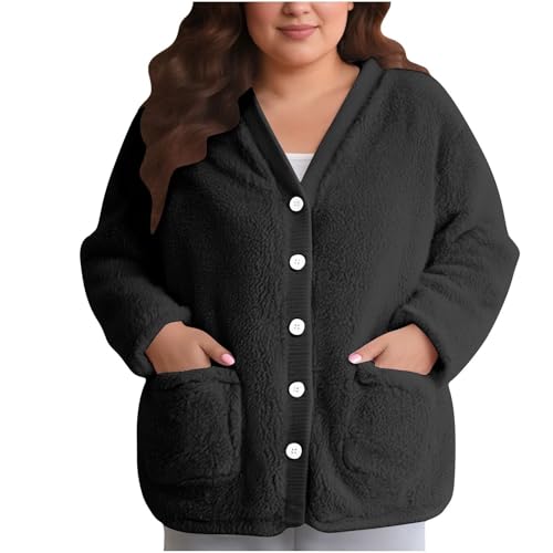 Chaqueta de forro polar para mujer, sudadera con capucha para mujer, chaqueta de forro polar mullido, camiseta de pijama, cuello en V, botones, manga larga, abrigo de invierno cálido de felpa con