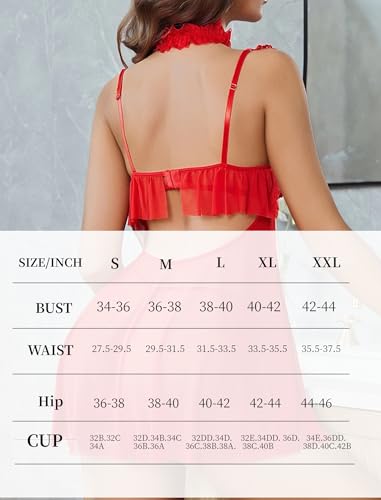 Avidlove Babydoll Lingerie for Women Sheer V Neck Lace Negligee Chemise Red - image 7