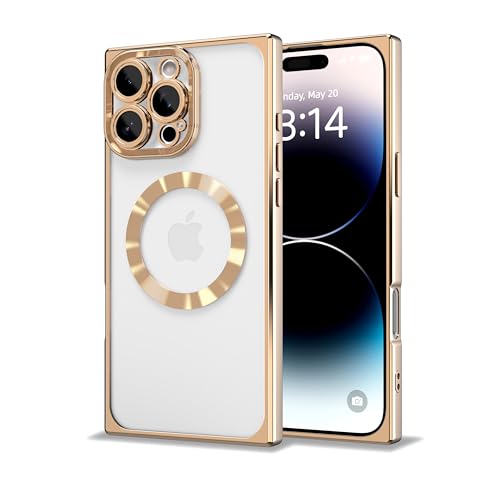 IAIYOXI Rectangle Magnetic Clear Case for iPhone 17 Pro, [Compatible with MagSafe],Soft Plating Phone Case with Full Camera Lens Protection,Anti-Scratch Shockproof Slim Cover, Gold