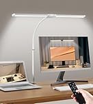 Desk Lamp with Clamp, Double Head Desk Light with Remote Control, 5 Lighting Modes & 10 Brightness Levels Clip-On Desk Lamp with Power Adapter, Eye-Caring Table Lamp, LED Monitor Light, White