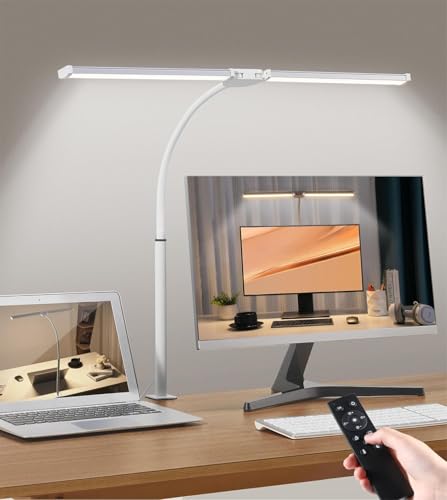 Desk Lamp with Clamp, Double Head Desk Light with Remote Control, 5 Lighting Modes & 10 Brightness Levels Clip-On Desk Lamp with Power Adapter, Eye-Caring Table Lamp, LED Monitor Light, White