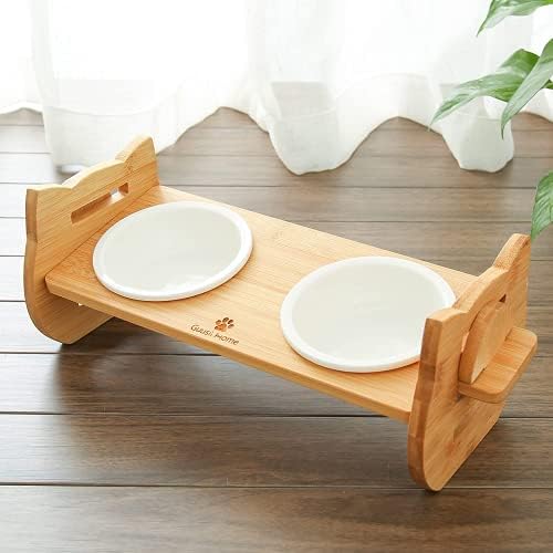 Cat Food Bowl Anti Vomiting, Ceramic Cat Bowls With Stand Tilted, Raised Cat Bowl for Food and Water, Tilted Cat Bowl, Bamboo Cat Feeding Station, Elevated Cat Bowl with Cat-shaped Stand (S)