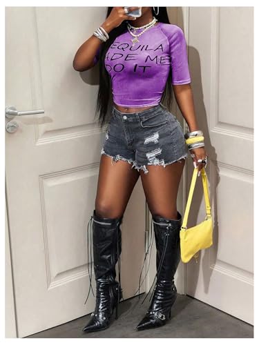 Image of RoseSeek Women's Sheer Mesh Letter Graphic Tees Short Sleeve Crew Neck Y2K Vintage Summer Going Out Crop Tops