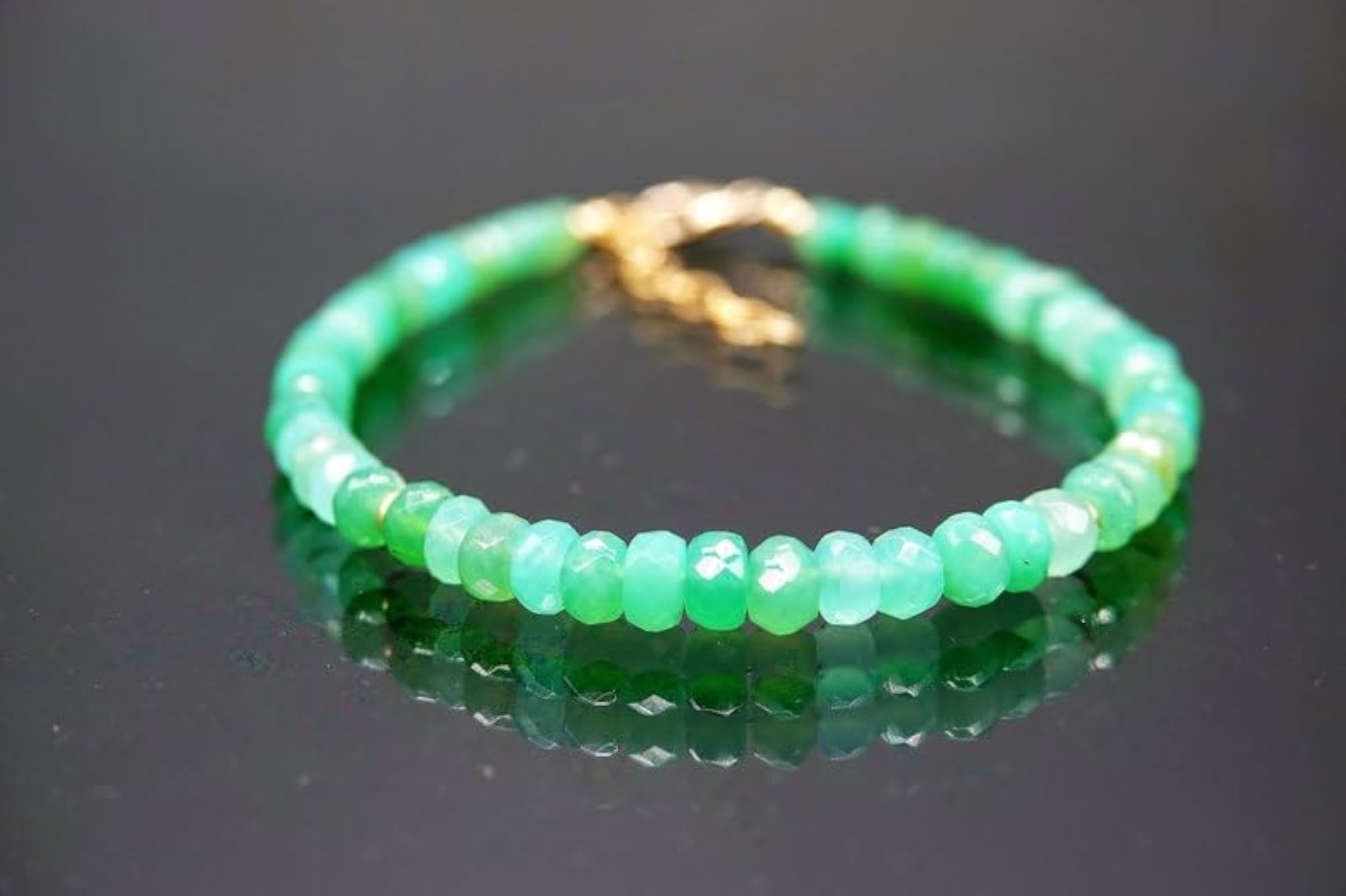 Chrysoprase Rondelle Beaded Bracelet with Gold Lock, Adjustable