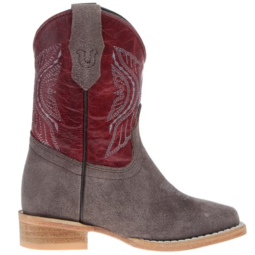 R Childrens Charcoal Rough Out with Dark Cherry Shaft Square Toe Boot4