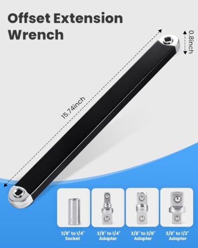 Image of QUICKWOLF 3Pcs Wrench Extender Tool Set, 3 /8 Offset Extension Wrench, Wrench Extender Tool & Wrench Extender Tool Bar with 1 /2 Inch Hole, Universal Wrench Extension for Mechanics Automotive Repairs
