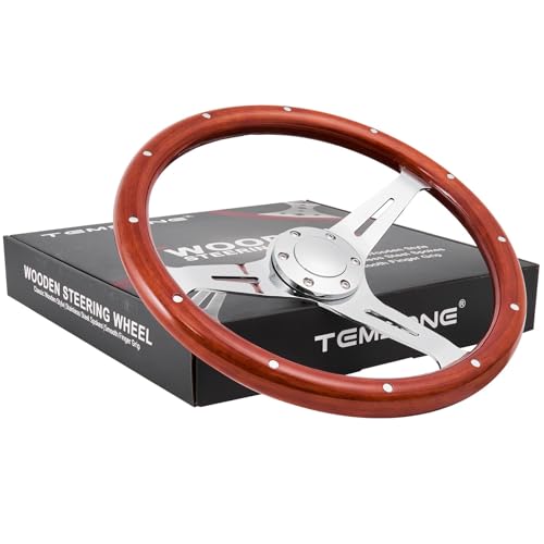 TEMSONE 15' Wood Steering Wheel Grain Billet Polished 3 Spokes, 2.1' Deep Dish Universal Classic Vintage Nostalgia Style Finger Grip Wooden Steering Wheel with 6 Bolts Horn Button (Rivet)