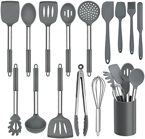 Kitchen Utensil Set, Homikit 15 Piece Silicone Cooking Utensils Spatulas Set with Holder, Heat Resistant Kitchen Tools Turners Spatulas Spoons for Non Stick Cookware, Stainless Steel Handle (Grey)