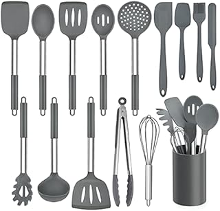Kitchen Utensil Set, Homikit 15 Piece Silicone Cooking Utensils Spatulas Set with Holder, Heat Resistant Kitchen Tools Turners Spatulas Spoons for Non Stick Cookware, Stainless Steel Handle (Grey)