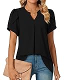 TAOHUADAO Women's Summer Casual T-Shirts Dressy Chiffon Blouses Petal Short Sleeve V Neck Tunic Tops for Leggings L, Black