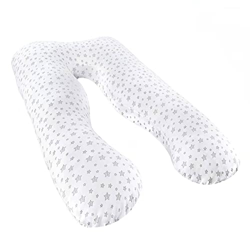 U-förmiger Kissenbezug für die Schwangerschaft, nur Bezug, Jersey-Strick-Baumwoll-Kissenbezug, passend für Pharmedoc, als tolles Chilling-Heim, 139,7 cm Schwangerschaftskissen, weißer Sterndruck Cover
