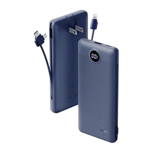 VRURC Portable Charger Built-in Cables and AC Wall Plug, USB C Power Bank 10000mAh, Travel Battery Portable Phone Charger Compact Lightweight External Battery Pack for Smart Phones, Tablets etc-Navy