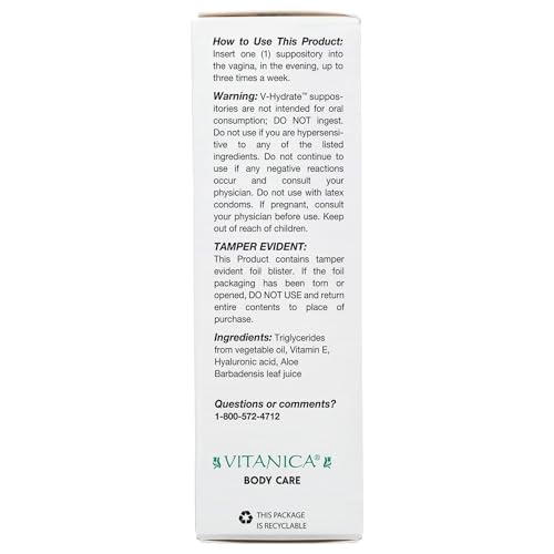 Vitanica V-Hydrate, Hyaluronic Acid Vaginal Suppositories for Comfort and Vaginal Hydration with Aloe Vera and Vitamin E, Hormone-Free & Drug-Free, Vegan, 2 Month Supply, 24 Count - Thumbnail 2