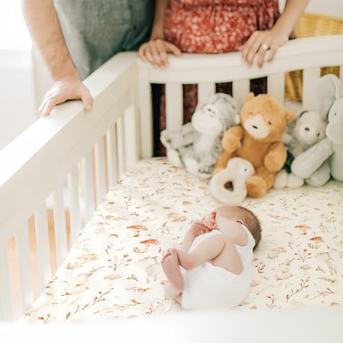 Image of GRSSDER 100% Cotton Muslin Crib Sheet 2 Pack - Breathable & Ultra-Soft Fitted Crib Sheets for Standard Baby & Toddler Mattresses, 52 inchx28 inch with 9 inch Deep Pocket, Snug Fit All-Around Elastic