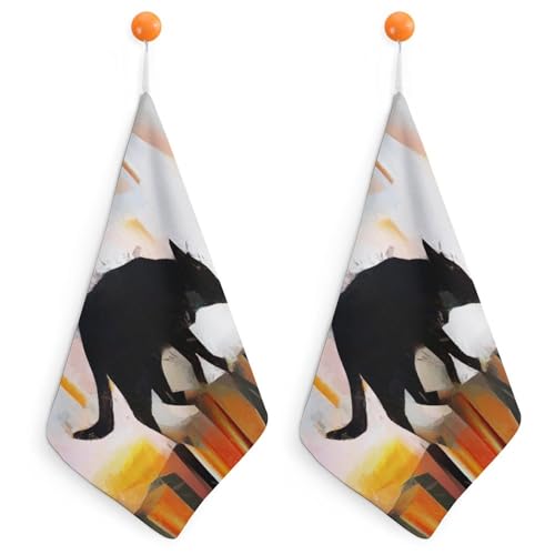 HXYWQA Maison Peinture De Chat Noir Lot de Deux Serviettes, Absorbantes Et À Séchage Pouvant Être Accrochées dans La Cuisine Et La Salle De Bain,