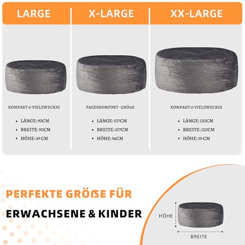 Kasunpul Sitzsack Stuhl Sitzsack Stühle für Erwachsene Riesen Sitzsäcke mit Samtbezug Bean Bag Flauschige Sitzsäcke für Wohnzimmer, Schlafzimmer, Grau, 120 x 120 x 59cm