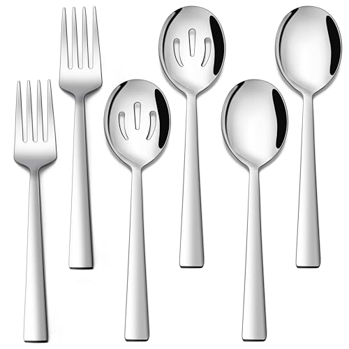 E-far Serving Utensils Set of 6, Stainless Steel Large 2 Serving Spoons 2 Slotted Spoons 2 Forks for Buffet/Parties/Catering, Mirror Polished & Dishwasher Safe