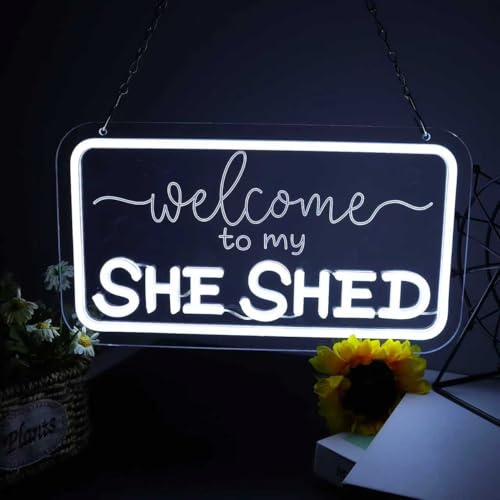MOERBENCHI She Shed Neon Sign Welcome LED Wall Light Dimmable Light Sign for Home Bar Bedroom Restaurant Shop, Retreat Room Decor, Gift for Mom or Wife(USB power, 14 * 8 inch)