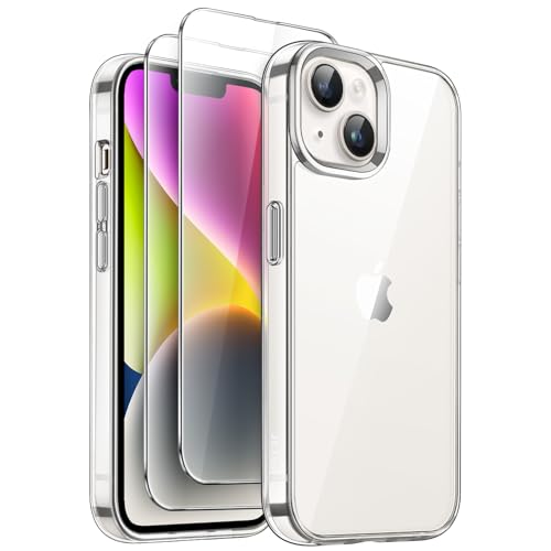 JETech 3 en 1 Funda para iPhone 14 6,1 Pulgadas con 2 Protectores Pantalla Cristal Vidrio Templado, Carcasa Anti Amarillo Antigolpes (Transparente)