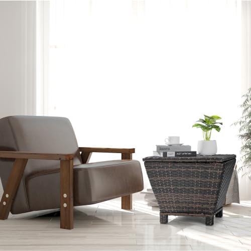 Outdoor Table with Storage, 13 Gallon Wicker Small Outdoor Storage Box Patio Side Tables for Outside Porch Poolside Deck Garden， Brown