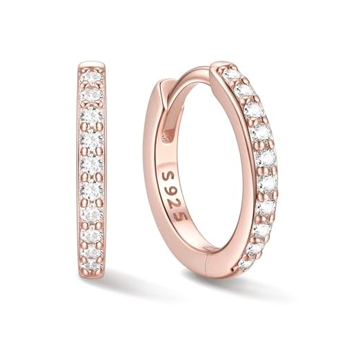 ChicSilver 925 Sterling Silver Huggie Earrings for Women 14K Gold Plated Silver Hoop Earrings for Women Hypoallergenic Small Cubic Zirconia Huggie Earring (6/8/10/12/14/16/18/20mm) 10MM Rose