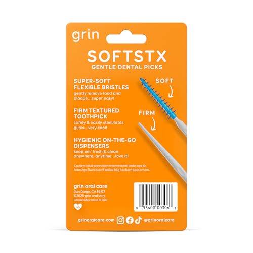 grin softstx gentle dental picks 90 count soft flexible bristles textured plaque removing toothpick minty flavor for between teeth refillable hygienic case for braces bridges and implants