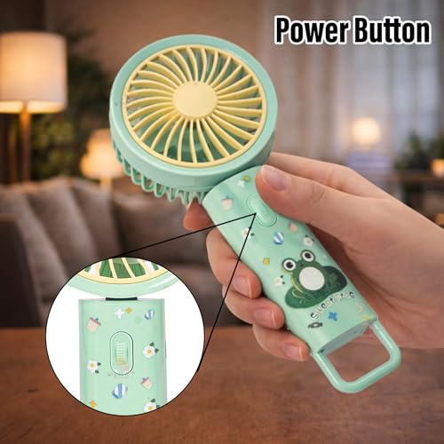Image of WISHKEY Portable Handheld Mini Fan Cute Frog Print- USB /Battery Rechargeable, High-Speed Cooling for Travel, Office & Outdoor Use,Rechargeable Fan with 3 Speed Modes- Green