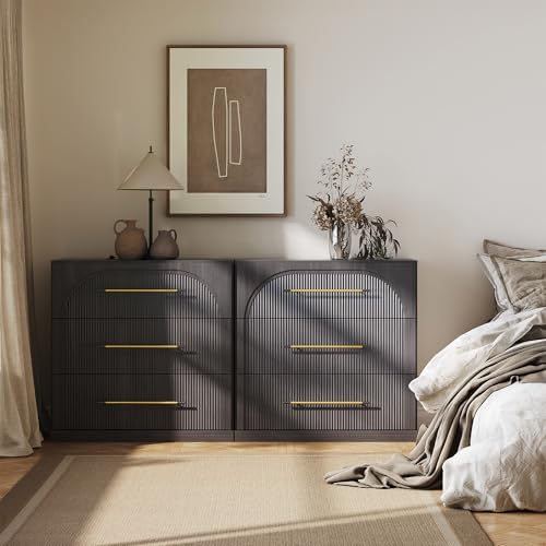 Image of BELLEZE Set of 2 Fluted Modular Sideboard Cabinet, 65'' Classic Modern Buffet Cabinet with 3 Drawers, Accent Credenza Cabinet for Living Room Kitchen Entryway (Ebony)